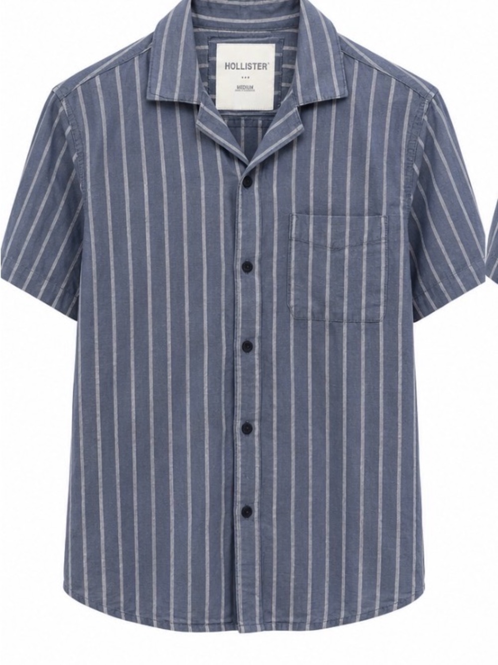 Hollister Men's Navy and White Vertical Stripe Camp-Style Shirt